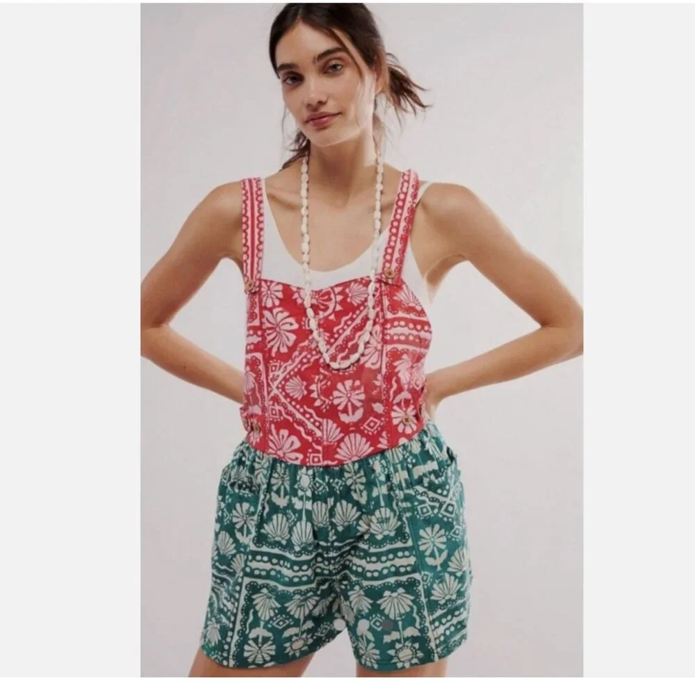 NEW  Free People Women's Red Palm Bay Printed Shortalls